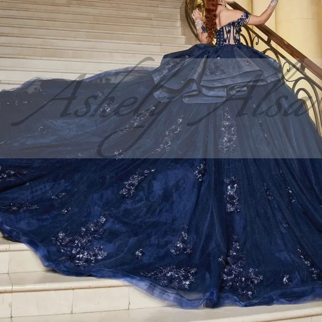 Customized Mexican Navy Blue Women Birthday Party Dress Prom Occasion Off Shoulder Illusion Flower Puffy Sweet 15 16 Quinceanera