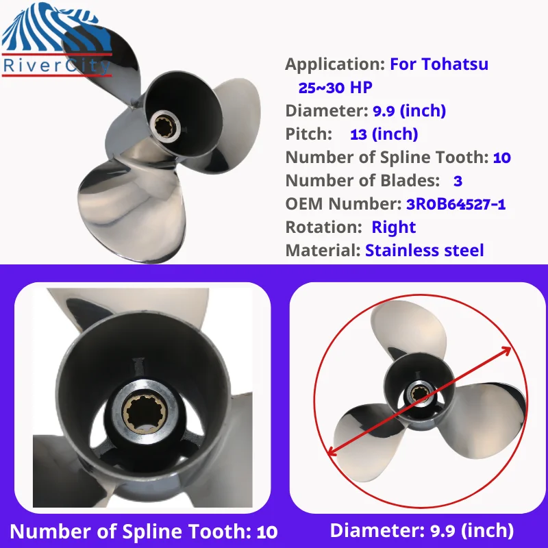 Outboard Propeller For Tohatsu Nissan 25HP 30HP 9.9X13 Boat Stainless Screw 3 Blade 10 Spline Marine Engine