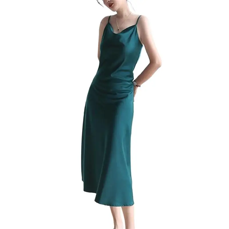 Abito con cinturino per spaghetti in raso solido Colletto oscillante Elegante abito da donna di moda di High Street Summer Slim A-Line Abiti di seta di base