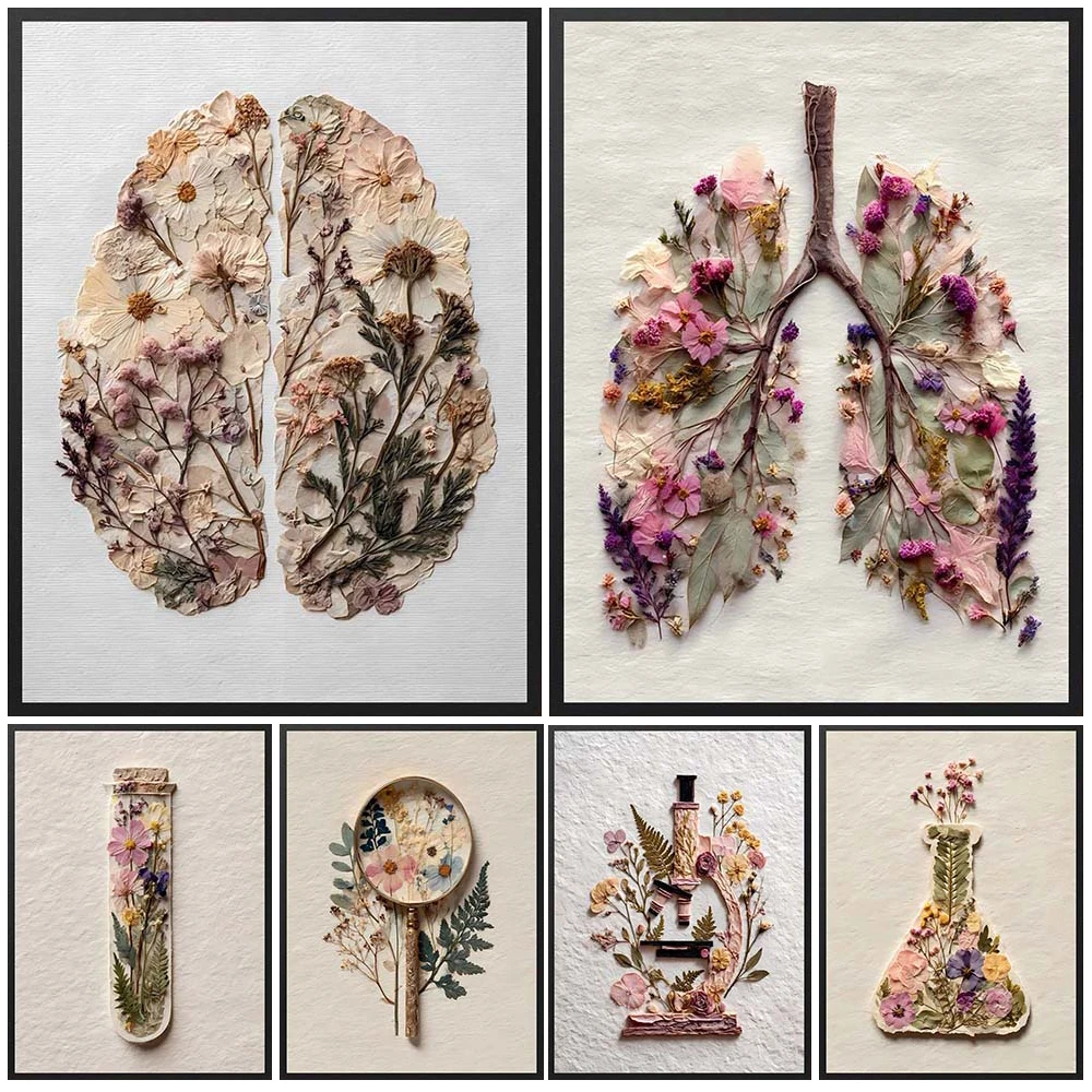 Flowers Heart Brain Science Chemistry Biology Posters Poster Wall Art Canvas Painting Wall Pictures For Classroom Room Unframed