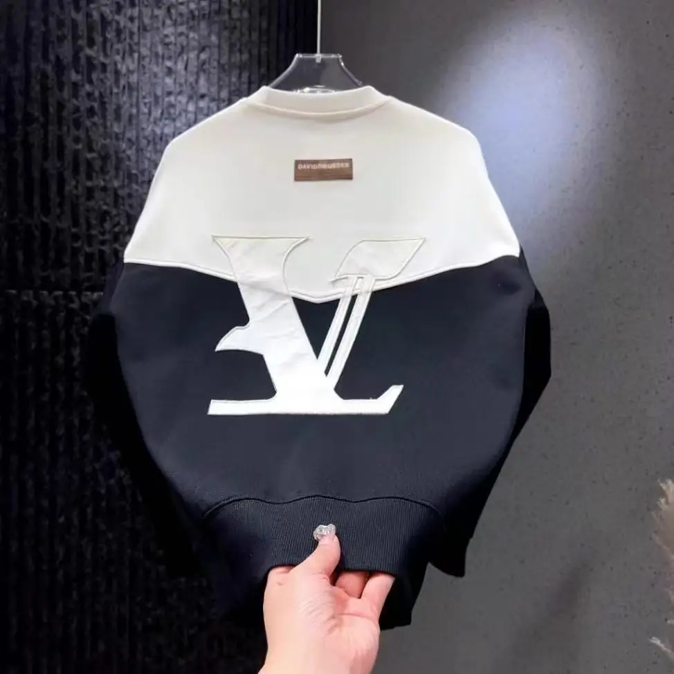 

Men's simple and slim letter embroidery trend splicing contrasting color round neck new long-sleeved sweater trendy top