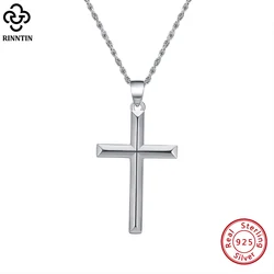 Rinntin 925 Sterling Silver Simple Cross Pendant for Women Men Pure Silver Fashion Christian Religious Jewelry Chain Gift SNMN01