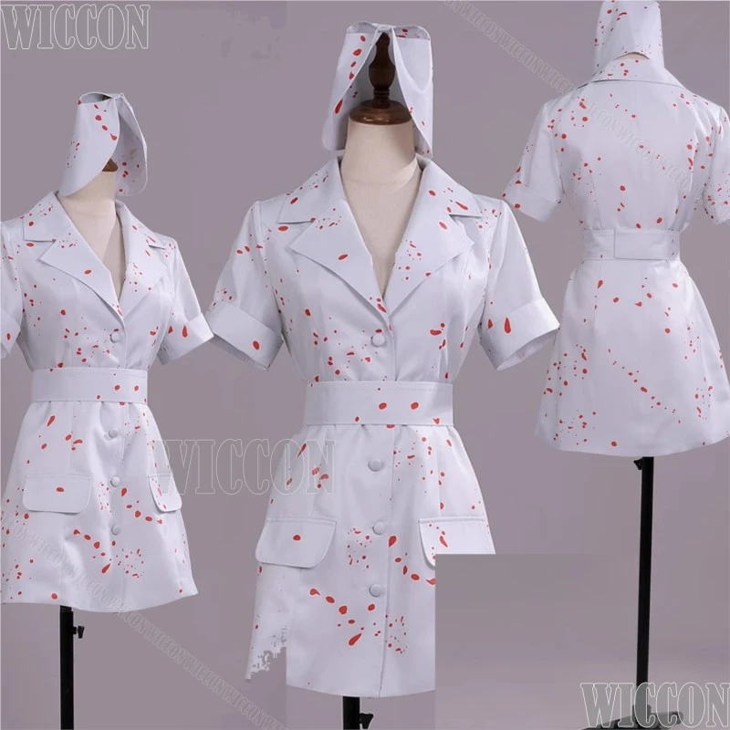 

Blood Nurse Horror Game Silent2 RE Косплей Костюм Белый С Красной Кровью Платье Шляпа Женщина Девушка Рождество Хэллоуин Карнавальный Наряд