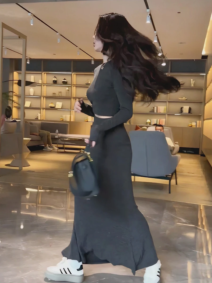 مثير الحلو والتوابل فتاة الخريف Faion مجموعة عالية الخصر Bodycon تنورة ملابس داخلية المرأة فرقة طويلة Sve جولة Ne