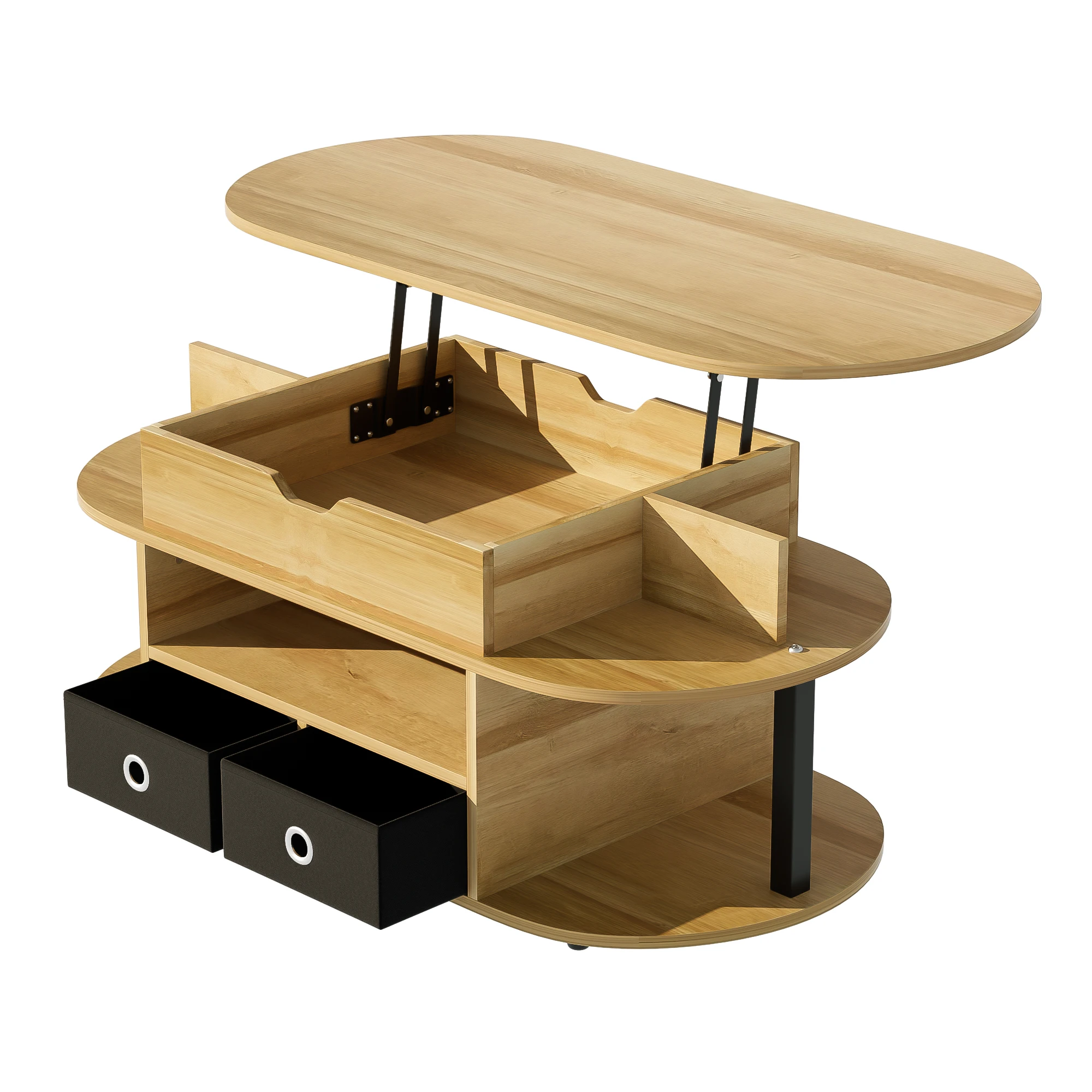 Moderner Holz-Couchtisch mit Hebefunktion, Stauraum und schwarzen Stoffschubladen – vielseitig, stilvoll und praktisch – Detail 3