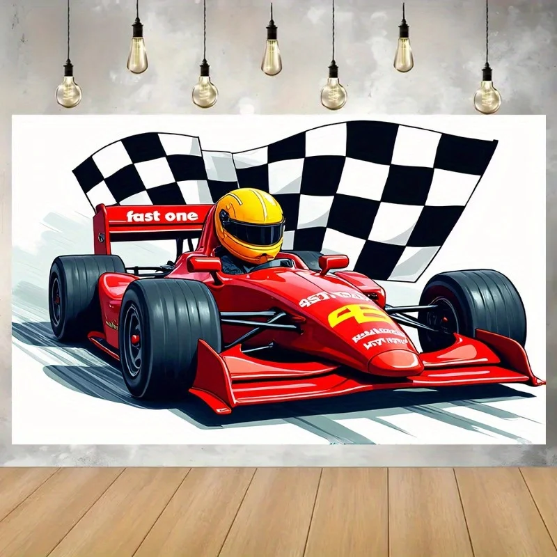 1 racing car background banner - a bright red Formula One racing car with a checkered flag design and birthday decoration