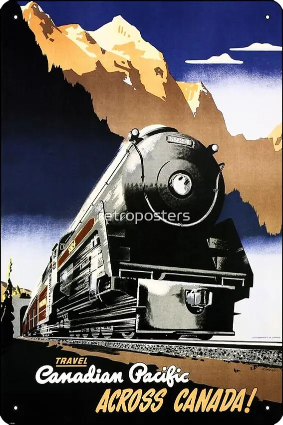 Travel by Train Across CANADA! Vintage Art Deco Railway Poster Metal Tin Sign Fun Home Art Wall Decor 8x12 Inch