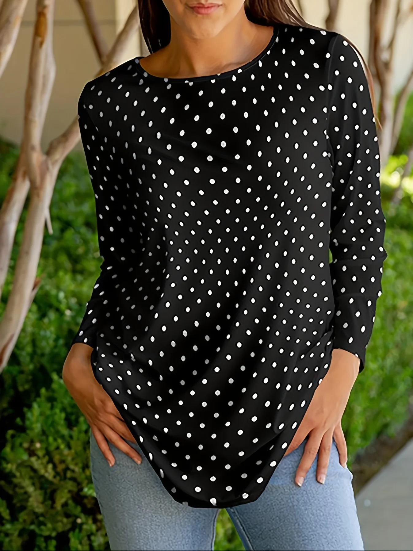 Spring Summer Women Fashion Casual O-Neck T-Shirt Polka Dot Printed Color Clash Long Sleeve Pullover Tops