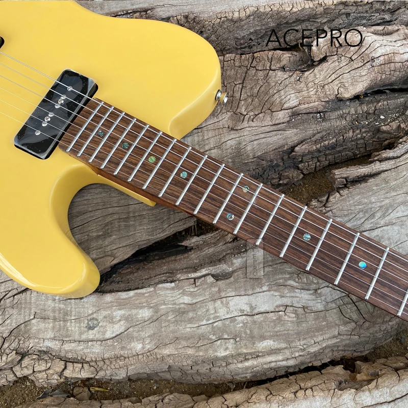 Acepro Cream Yellow Color Electric Guitar, P90 Pickups, Roasted Maple Neck, Stainless Steel Frets, Abalone Dots Inlays, Guitarra