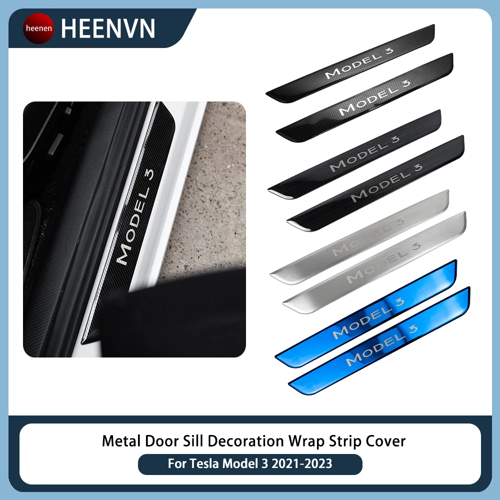 Heenvn Model3 2023 Door Sill Decoration Wrap Cover For Tesla Model 3 2022 Accessories Pedal Protection Strip Carbon Fiber