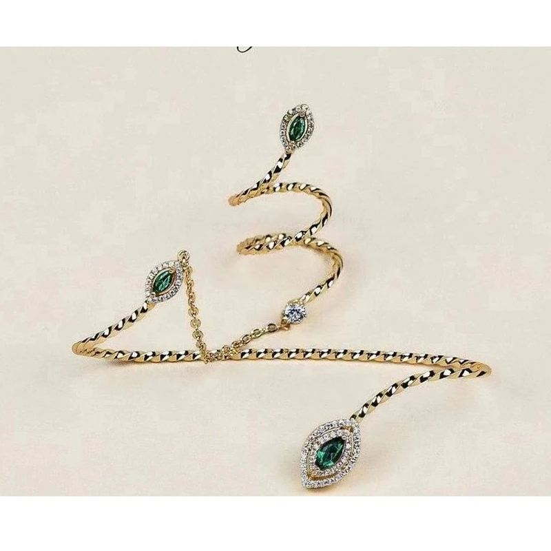 Green CZ Zircon Plant Leaf Palm Bracelet Link Finger Ring One Piece Hand Palm Bangle Jewelry Handlets for Women Bridal Wedding