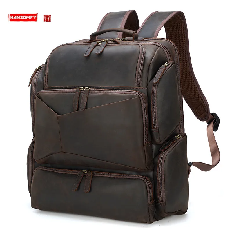 

New Retro Crazy Horse Leather 17-Inch Computer Bag Outdoor Business Trip Travel Top Layer Leather Backpack for Men