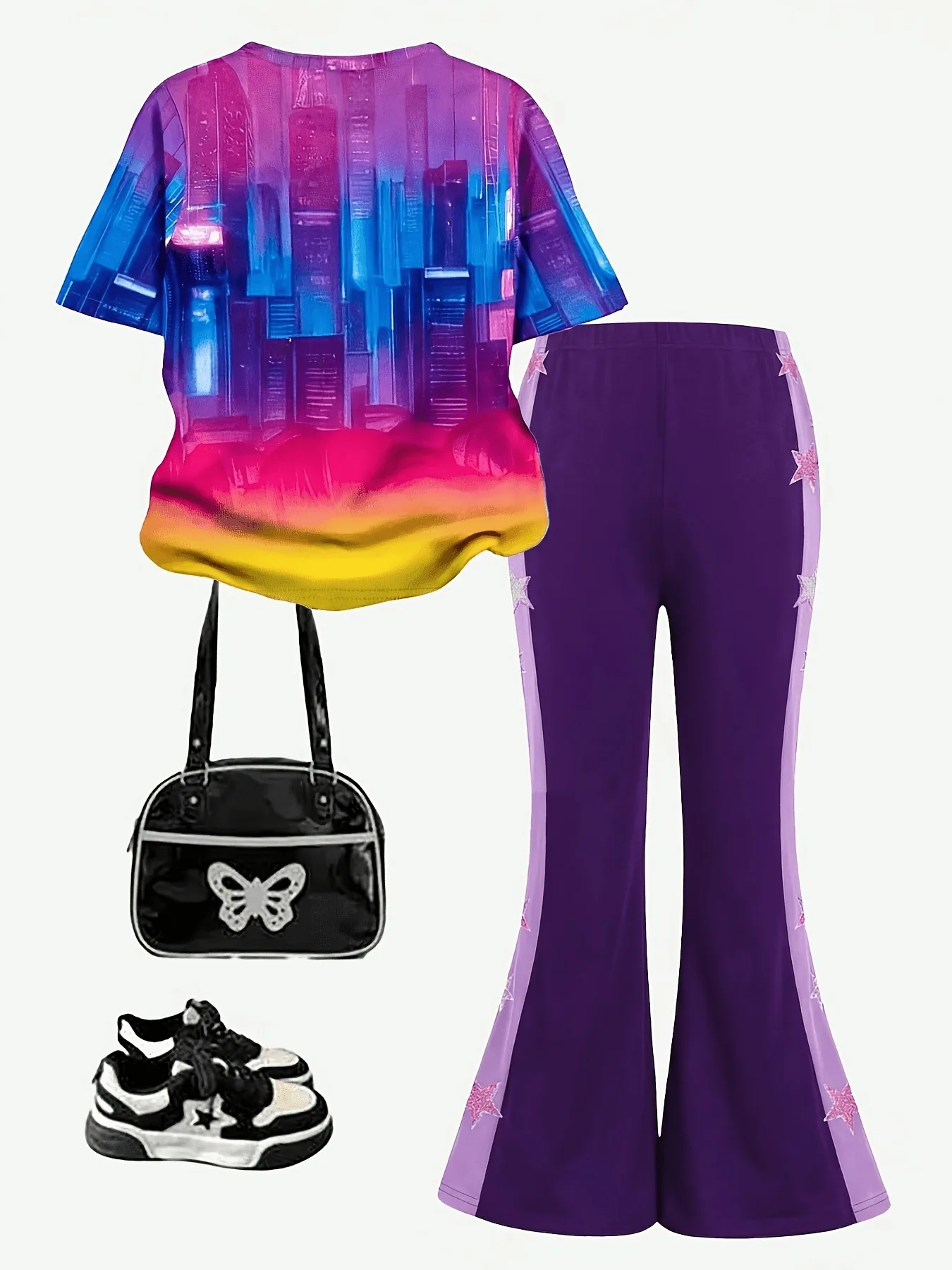 Kids Girls 2-Piece K-Pop Tracksuit, City Neon 4 Idol Girl Print Short Sleeve Tee & Purple Side Pink Silver Star Flared Pants
