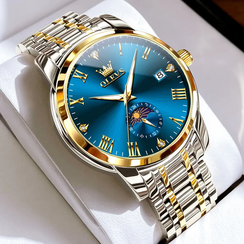 

OLEVS 3656, лучший бренд, мужские часы, модные оригинальные кварцевые водонепроницаемые светящиеся часы из нержавеющей стали, часы с фазой Луны для мужчин