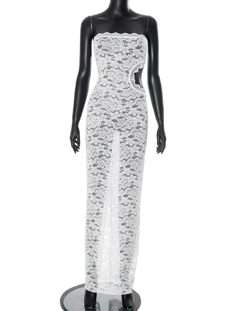 YUZHEXI zijgesneden strapless magere witte kanten jurk dames romantische mouwloze feestjurk