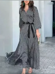 Autumn Printed Vintage Elegant Maxi Dress V Neck Fashion Leisure Gathering Women Office Long Dresses For Women Robe Femme