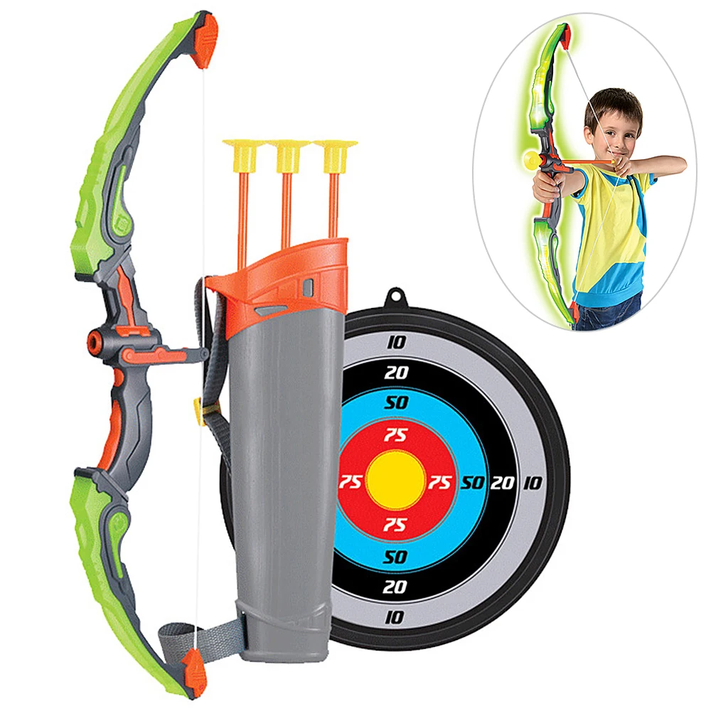 

Kids Bow and Set Light Up Archery Bow Set with Target Quiver 3 Suction Cup Arrows Outdoor Toys for 6-14 Years Old