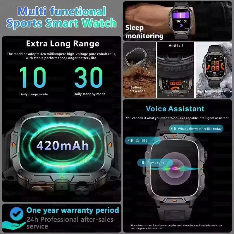 NEW Outdoor Military Men Sport Smart Watch Bluetooth Call Blood Pressure Blood Oxygen IP68 Waterproof flashlight Smart Bracelet