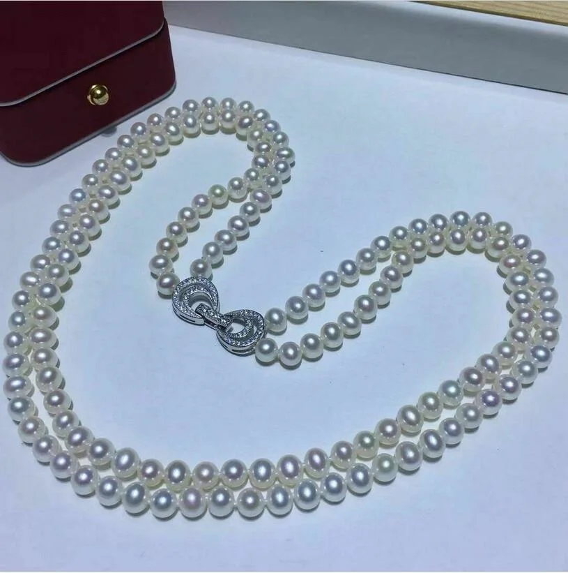 20 inch double chain AAA++7-8mm natural Akoya white pearl necklace 925S