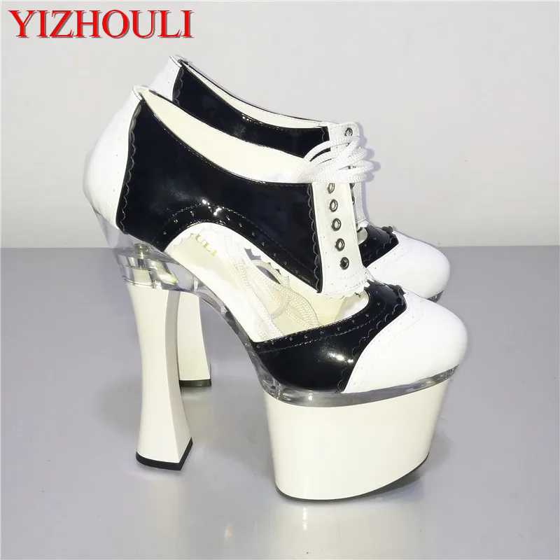 Classic black/white women's with 18 cm thick heels and sexy platform shoes with hollow out design dance shoes