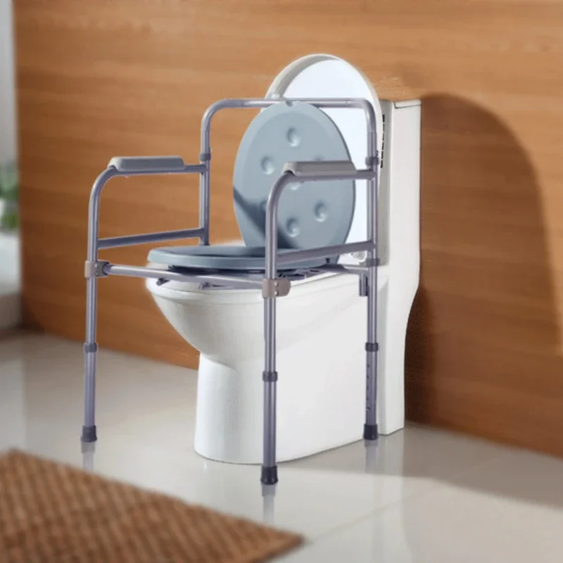 Silla de baño estable de acero con alto contenido de carbono, asiento de baño plegable con cubo, elevador de inodoro elevado, cómoda ajustable para uso en personas mayores