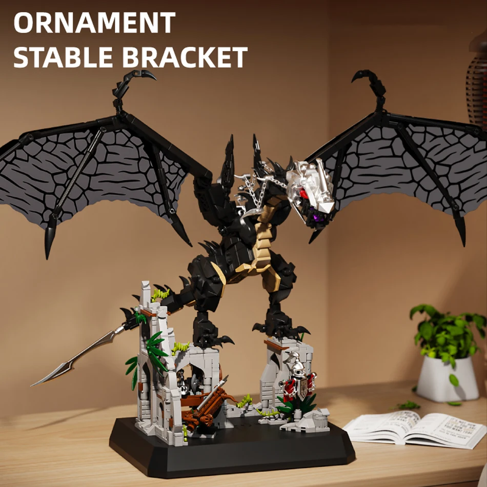 MOC Zły Smok Bestia Ruiny Zamku Scena Klocki Magiczne Pierścienie Zwierzęce Smok z Miękkimi Skrzydłami Cegły Zabawki Prezenty dla Dzieci i Dorosłych