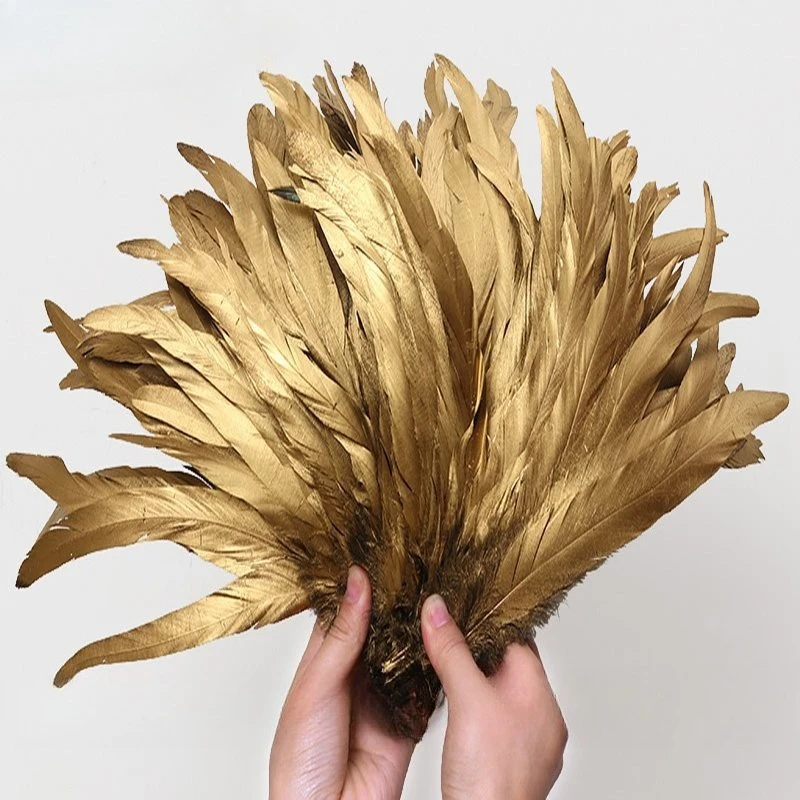 

Оптовая продажа, золотой петух, перо, цветной спрей, золотые перья, позолоченные волосы с петушным хвостом, 30-35 см