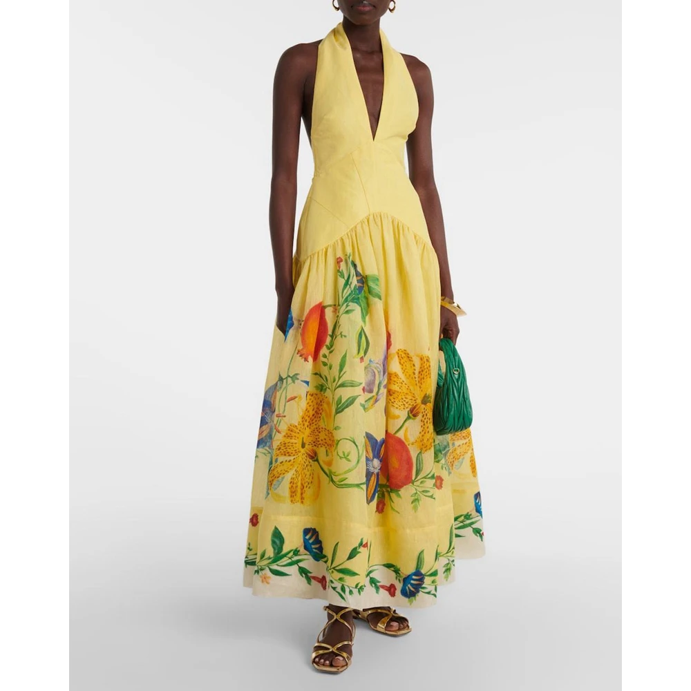 

European and American printed halter backless big-swing deep V-neck dress for women