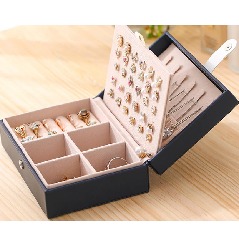 1pcs Double Layer Storage Box Ladies Princess Simple Style Leather Flip Type Jewelry Box Travel Home Portable Jewelry Box