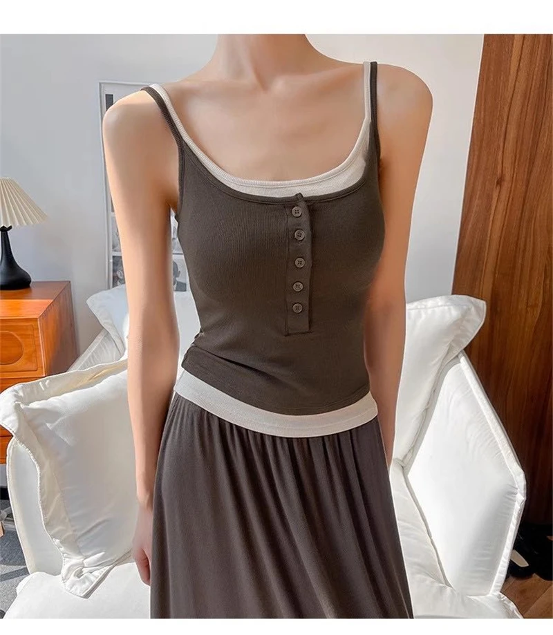 Farbblock-Spleiß-Design Zweiteiliges Damen-Camisole 2026 Sommer Neu Hot Girl Knopf-Tanktop mit Eingebauten Polstern Oberbekleidung Camis – Detail 13