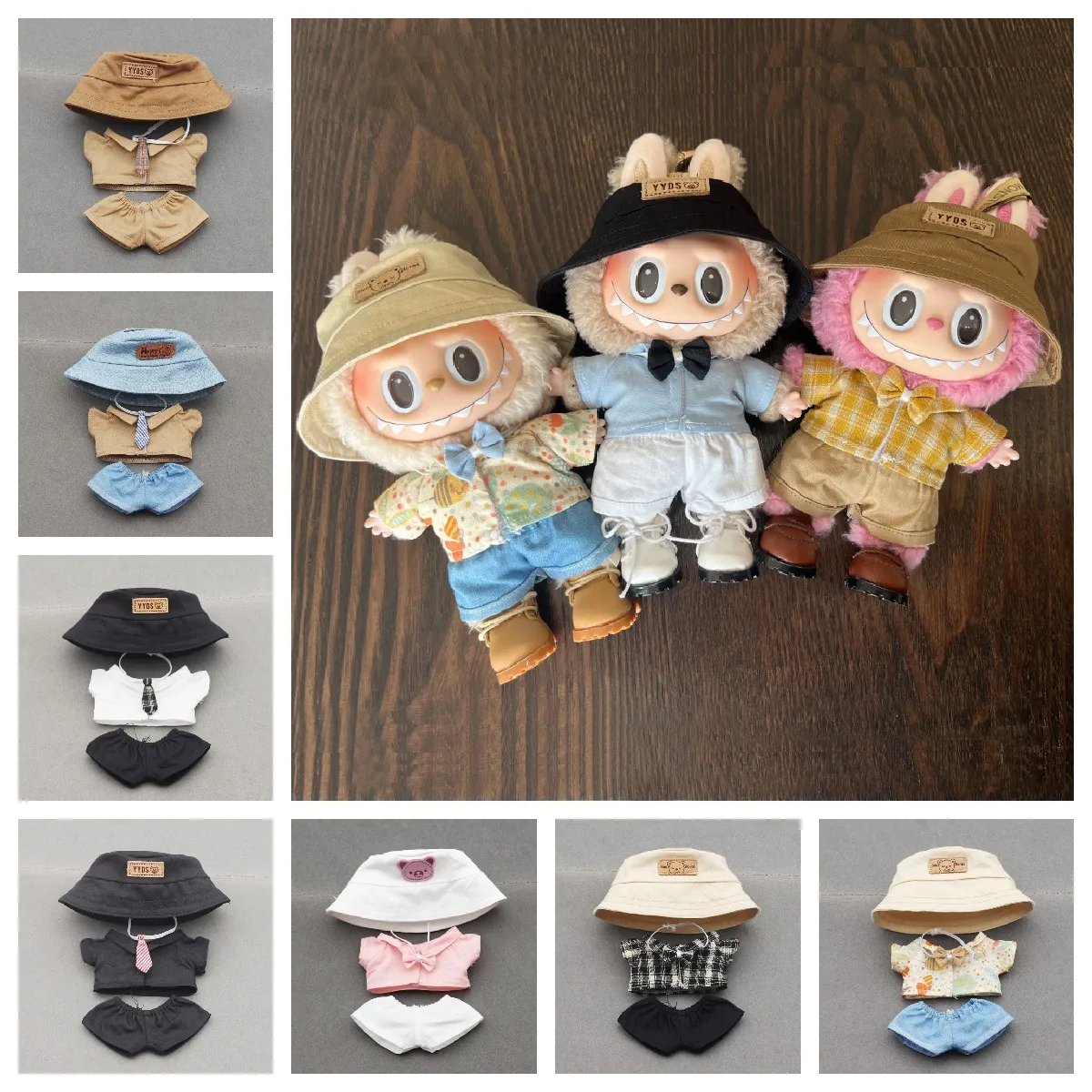 17cm Labubu Shirt and Shorts Suit with Fisherman Hat Clothes Set Replacement Outfits (Not Include Shoes)