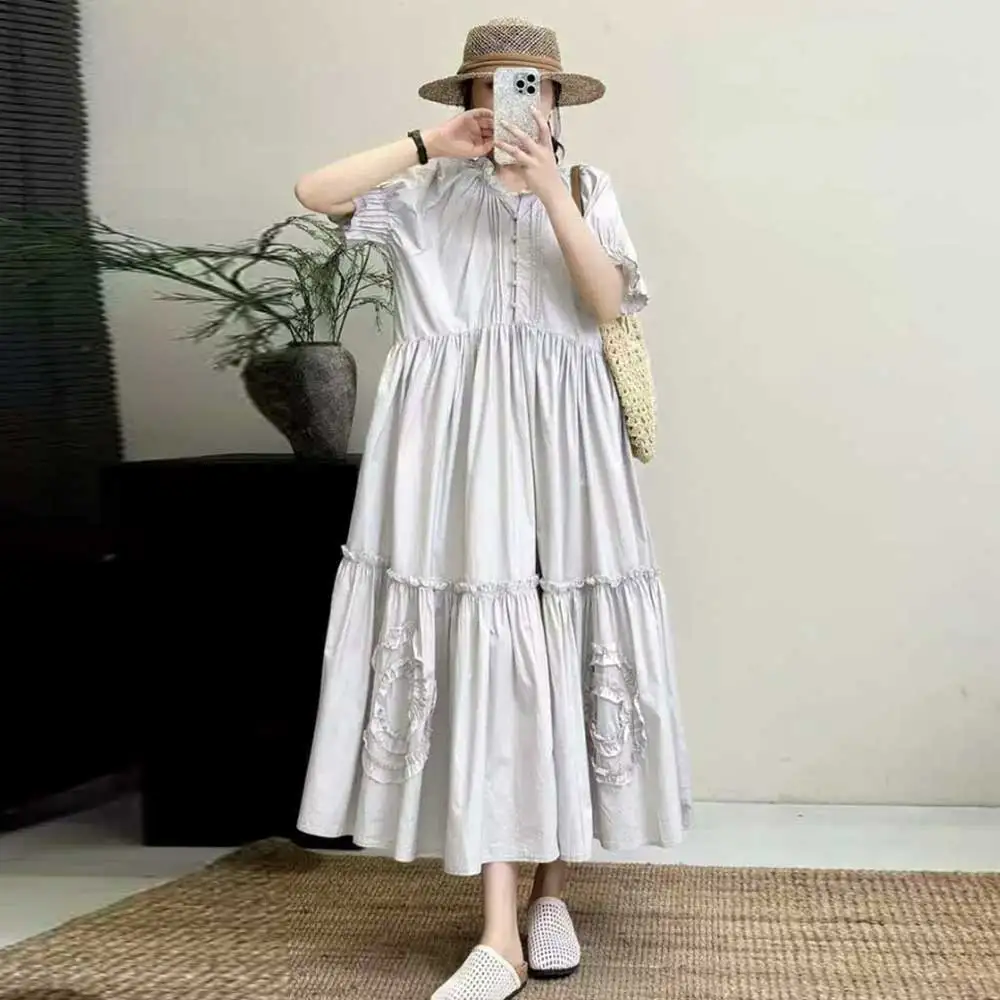 

Japanese Sweet Mori Girl Solid Color Flower Embroidery Cotton Dress Women Summer Stand Collar Short Sleeve Casual Midi Dresses