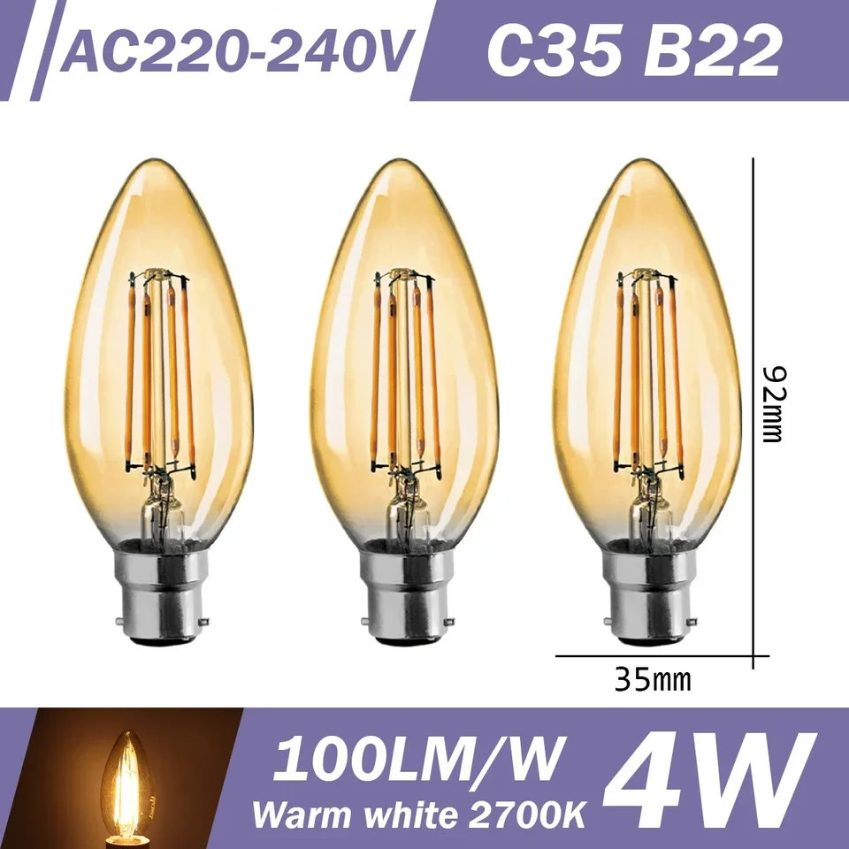 3pcs Retro Led Light Bulb E27 B22 E14 C35 A60 ST64 AC220-240V Edison Filament Bulb Vintage Warm Glass Lamp Lighting Indoor Light, image 19
