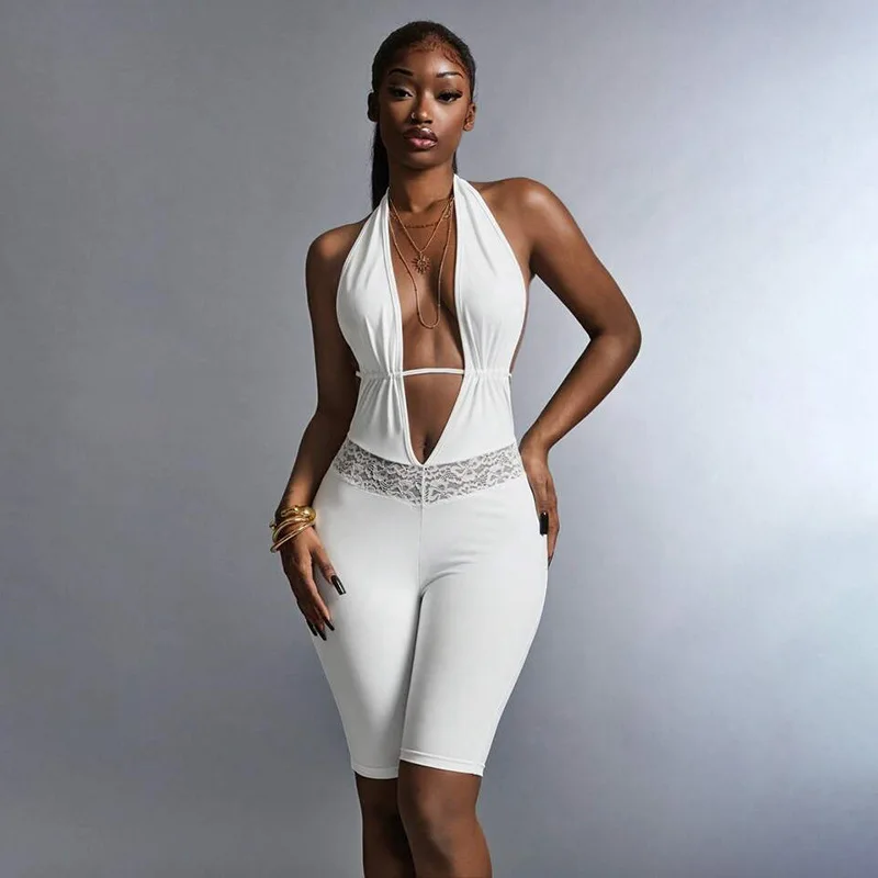 

Lace Patchwork Solid Skinny Playsuits Women Fashion Sexy Deep V-neck Halter Backless Lace-up Slim Party Rompers Night Clubwear