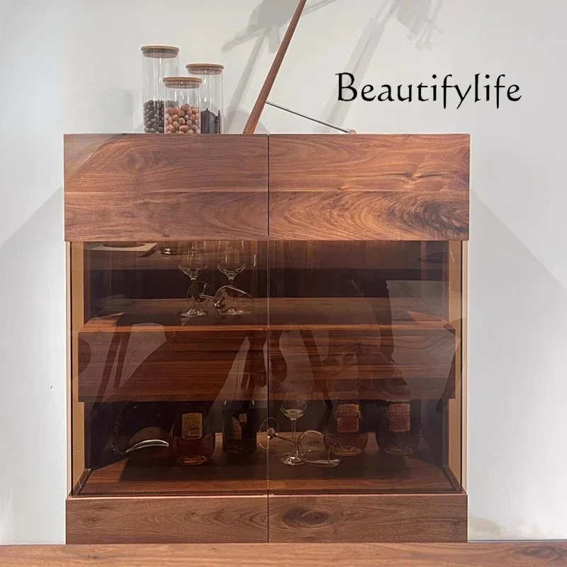FD VB New Chinese Black Walnut Glass Wine Cabinet Light Luxury Antique Style Living Room Dining Room Decorative Locker O