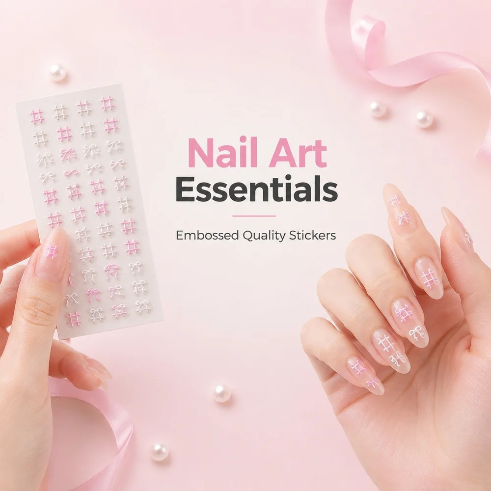 1Sheet Sweet Girly Theme Nail Stickers Raised Checkered Bow Hollow Heart Motif Self-Stick Decals Daily Dating Nail Accessories