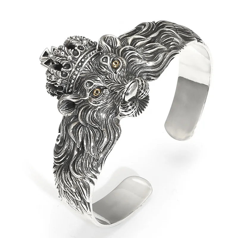 Crown lion's head open-ended bracelet S925 sterling silver domineering personalized Thai silver retro hipster punk bracelet