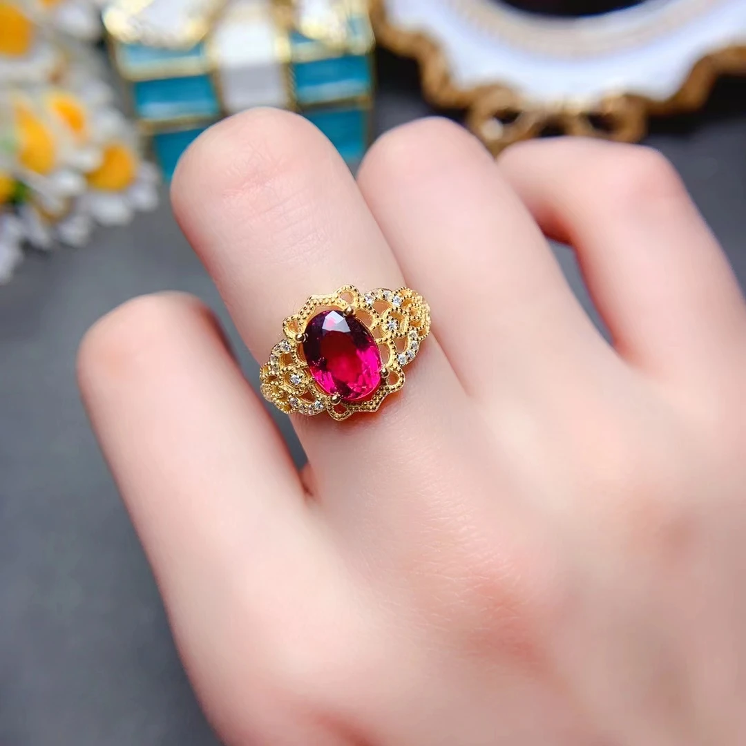 Natural Red Tourmaline 925 Silver Ring 7*9mm 1.5ct Tourmaline Ring with 3 Layers Gold Plated Vintage Gem Jewelry for Daily Wear