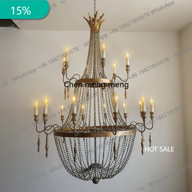 B182 French retro wood bead chandelier, living room staircase clothing store, American candle old wrought iron restaurant lamp