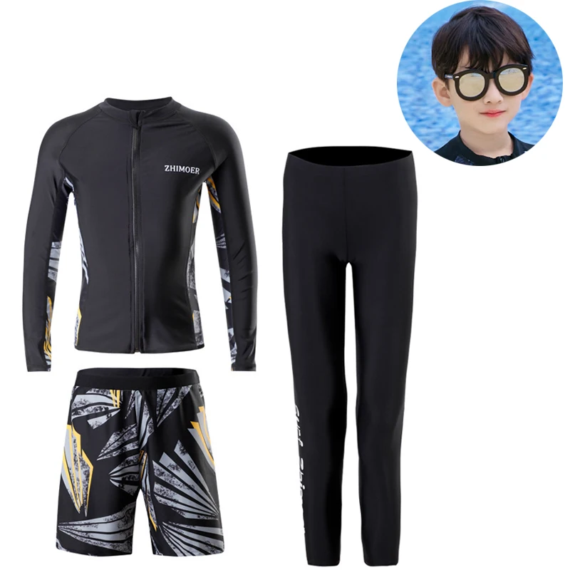 Boys' Youth Rash Guard Set - 3 Piece Long Sleeve Swim Shirt Tops & Bottoms Bathing Suit Swimsuit Full Body Beachwear Snorkeling