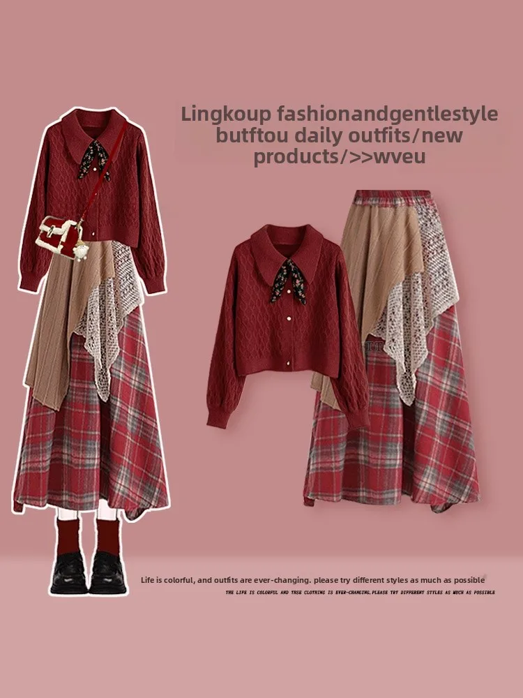 

Red Luxury Knitted Cardigan And Plaid Skirt Set for Women Autumn Season Casual Wear High Waist Button up Mid-Length Coat
