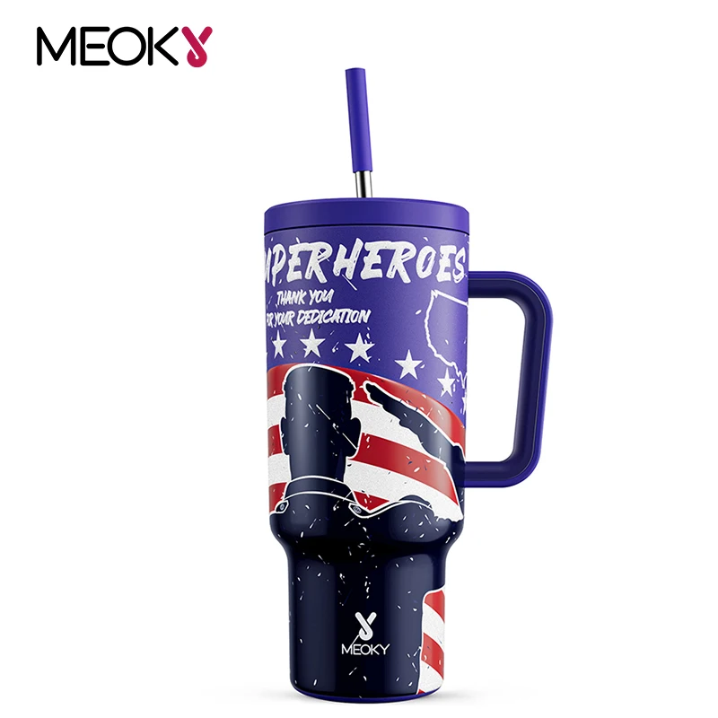 Meoky 40oz Tumbler Stainless Steel Car Mug with Handle Straw Memorial Day Vacuum Insulated Coffee Cup Portable Thermos Bottle