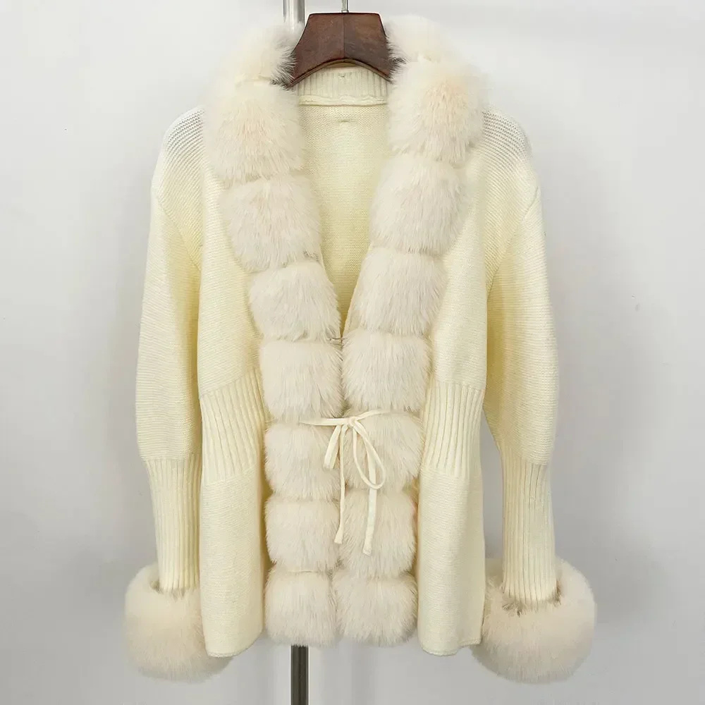 

Шуба Экологичный вязаный свитер Кардиган Женская мода Женская весна-осень Элегантный вязаный свитер с воротником из искусственного лисьего меха