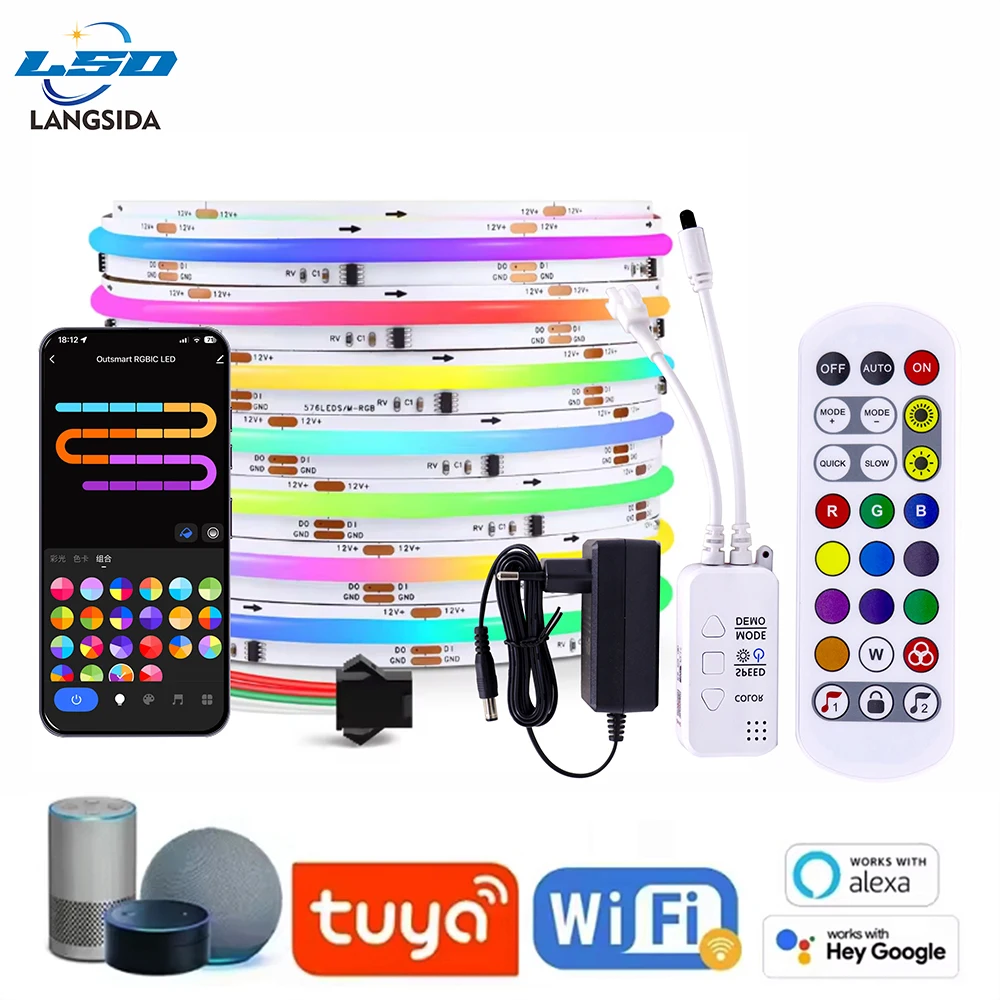 

COB LED Strip Light Tuya Smart RGBIC APP Controlled WS2811 Compatible Google Assistant COB 576/720 LEDs RGB Color Light 12v/24v