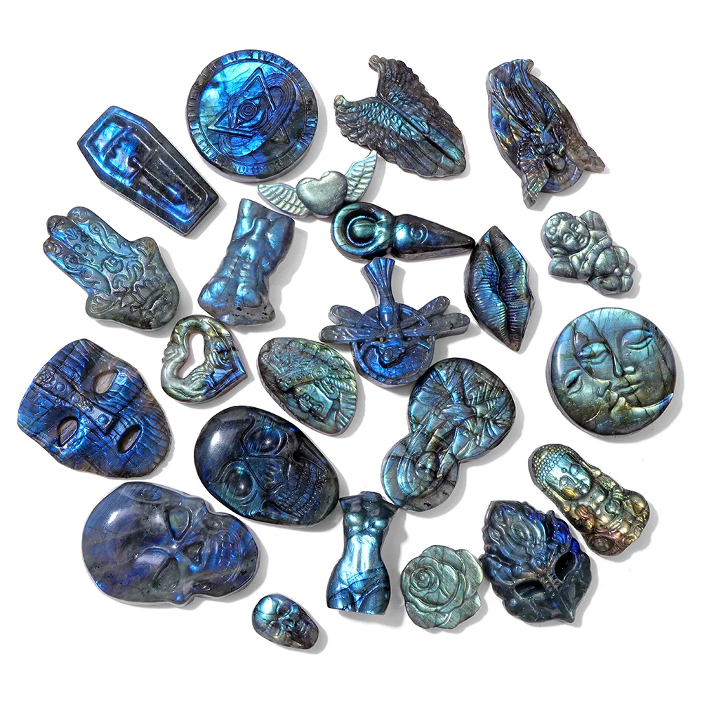 1PC Mystical Delights Gorgeous Flashy Labradorite Snake Carving Stone Wolf Butterfly Fox Owl Eagle Lion Dragon Quart Decoration