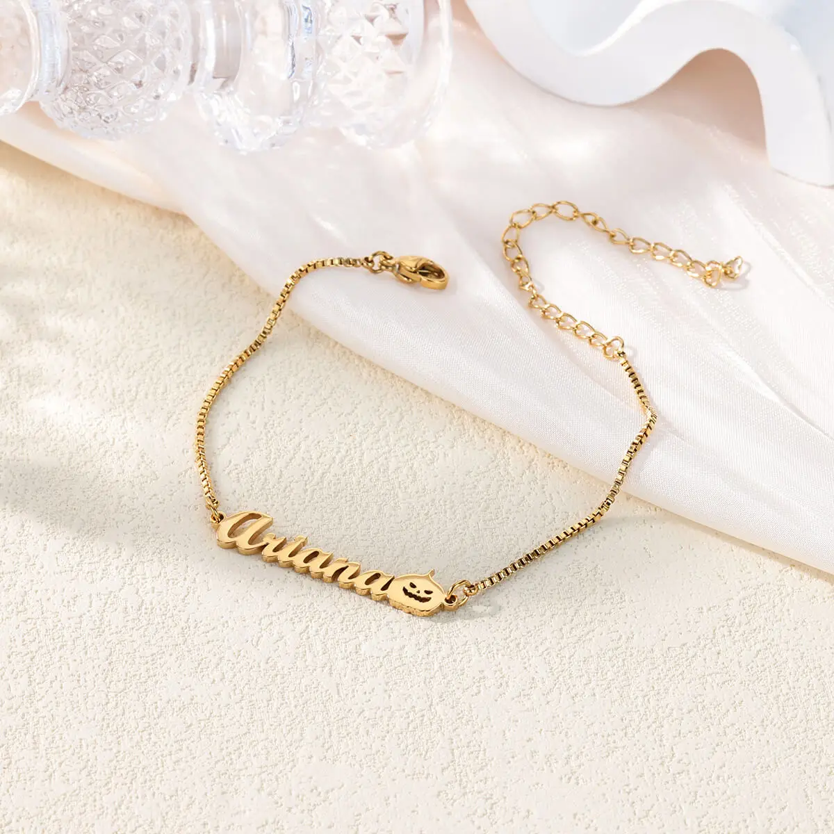 

Custom Pumpkin Name Bracelet for Women Girls Tiny Stainless Steel Box Chain Bracelets 2025 New Design Halloween Jewelry Party