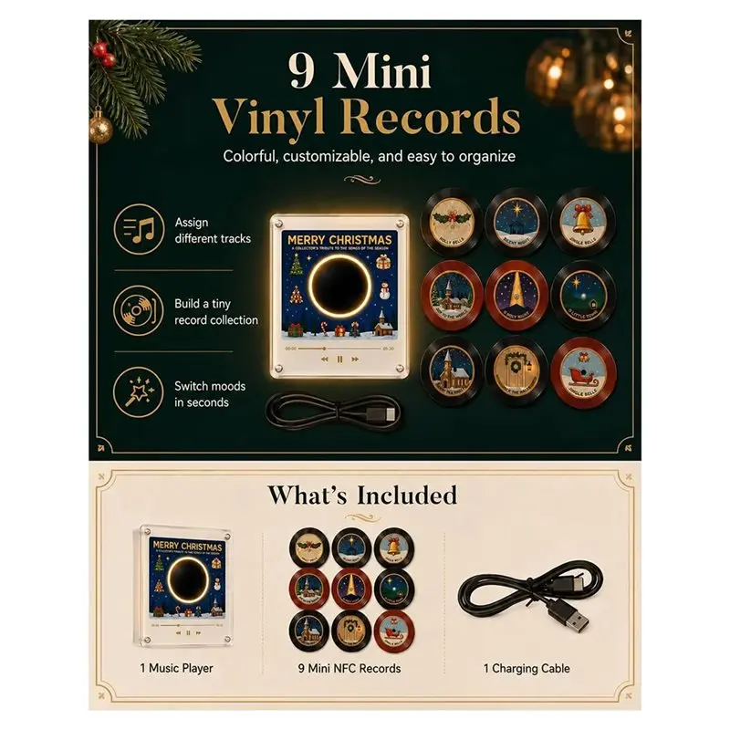 Y50A-For Christmas Decor Suitable Vinyl Player Fridge Record NFC Magnetic Music Box Set, With 9 Vinyl Style Discs
