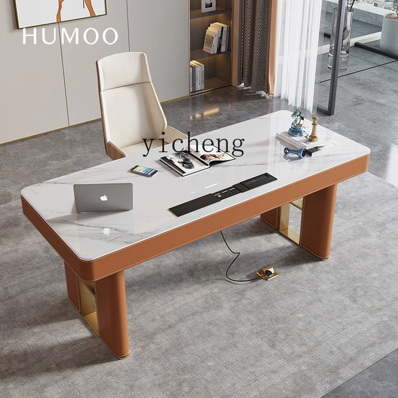 

XL light luxury saddle leather desk computer table minimalist writing desk rock slab home office table and chairs