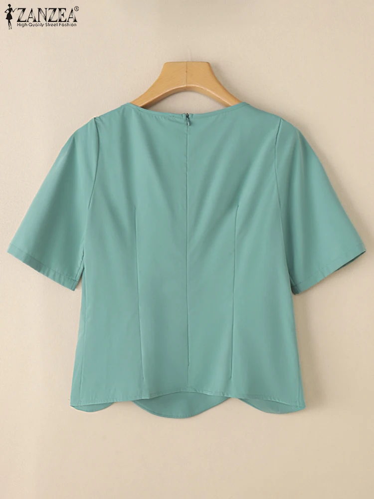 ZANZEA Women Elegant Scalloped Hem Blouses Fashion Fabric Flower V-Neck Short Sleeve Fitted Waist Blusas Mujer Office Wear Tops