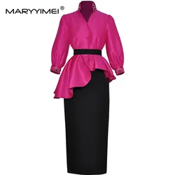 MARYYIMEI Autumn and Winter Women's Commuter Suit Stand Collar Long-Sleeved Beading Design Tops+Slim Pencil Skirt 2 piece set